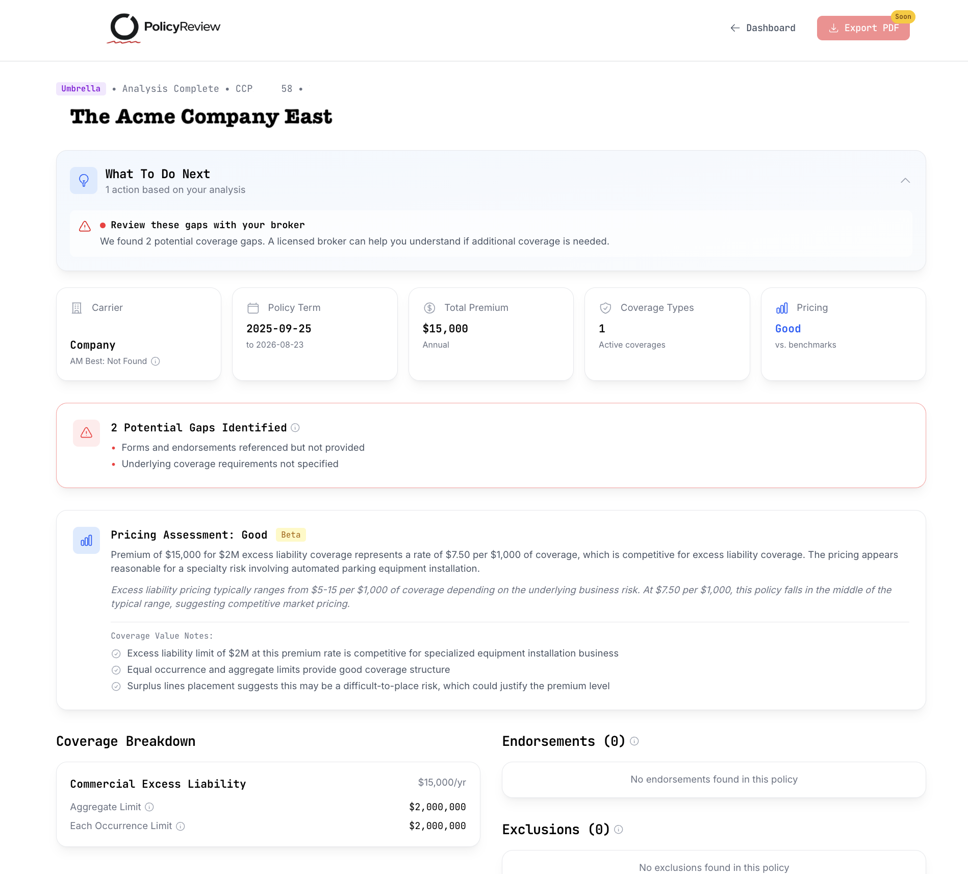 Policy review showing coverage gaps, pricing assessment, and coverage breakdown